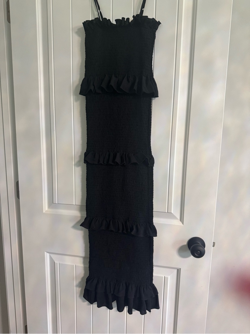 Smocked Ruffle-Tiered Midi Dress in Black - Picture 2 of 7